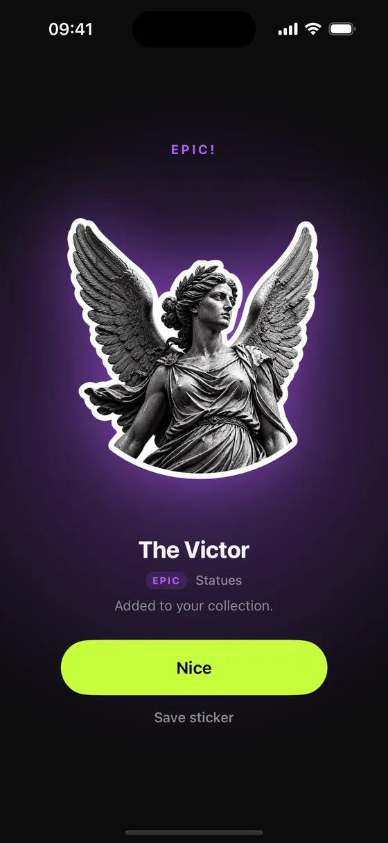 An epic reward reveal: a winged statue sticker called The Victor on a violet glow, added to the collection.
